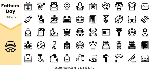 A collection of minimalistic icons celebrating Father's Day, featuring various items like ties, trophies, tools, and celebratory symbols.