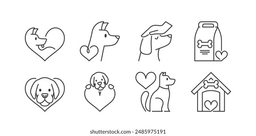 Collection Of Minimalistic Icons Illustrating The Love For Animals, Featuring Dogs, Hearts And Pet Care Items