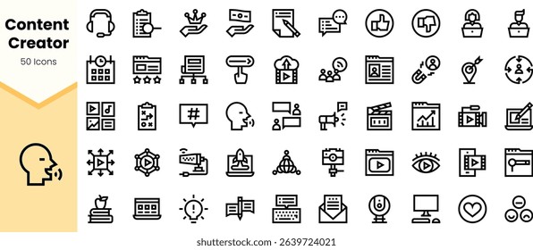 A collection of minimalistic icons representing various aspects of content creation, including social media, marketing, and video production in a clean design.