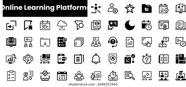 A collection of minimalistic icons representing various aspects of online learning platforms, including tools for organization, communication, and assessment.