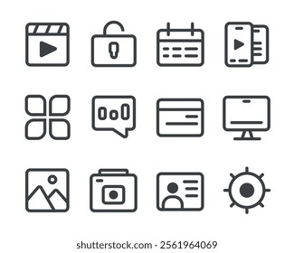 Collection of Minimalistic Icons for Various Applications. versatile icon set depicting media, security, scheduling, and photography themes for web and mobile applications.