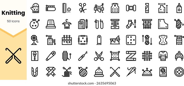 A collection of minimalistic knitting icons in black outline style, showcasing tools, patterns, and accessories used in knitting projects.