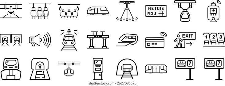 Coleção de ícones editáveis de linha minimalista representando elementos de transporte público e metrô