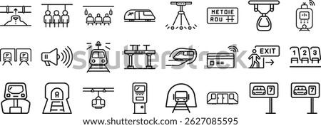 Collection of minimalistic line editable icons representing public transportation and subway elements