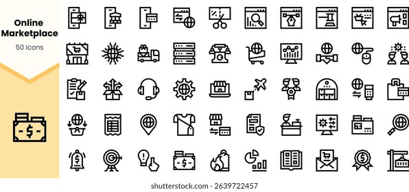 A collection of minimalistic line icons representing an online marketplace, featuring shopping carts, charts, customer support, and various e-commerce symbols.