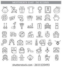 A collection of minimalistic line icons themed around Mother's Day, Mother's Day Line Icons Set 