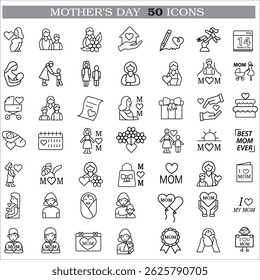 A collection of minimalistic line icons themed around Mother's Day, Mother's Day Line Icons Set 