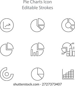 Colección de iconos minimalistas de gráficos circulares en estilo de contorno negro con líneas de trazo editables para visualización de datos y uso de presentación comercial