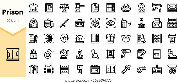 A collection of minimalistic prison-related icons depicting justice, security, and law enforcement themes in a sleek black design.