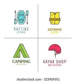 Collection of minimalistic rafting logos, labels or line badges. Outdoor adventure, cute color design. Best for equipments shop, campsite, travel site, blog, advertising, flyer banner, poster. Vector.