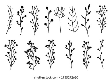 Collection of minimalistic simple floral elements. Graphic sketch. Fashionable tattoo design. Flowers, grass and leaves. Botanical natural elements. Vector illustration. Outline, line, doodle style. 