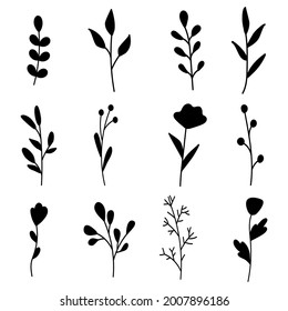Colección de elementos florales simples minimalistas. Esbozo gráfico. Diseño de tatuajes de moda. Flores, hierba y hojas. Elementos botánicos naturales. Ilustración vectorial. Esquema, línea, estilo de doodle