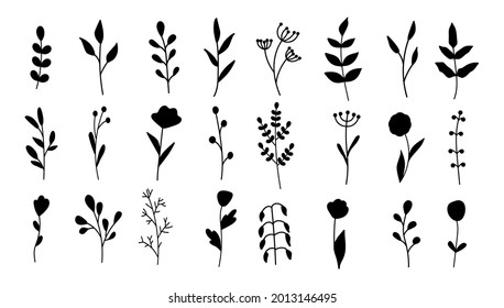 Collection of minimalistic simple floral elements. Graphic sketch. Fashionable tattoo design. Flowers, grass and leaves. Botanical natural elements. Vector illustration. Outline, line, doodle style