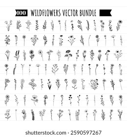 Collection of minimalistic simple floral elements. Flower vector. Flower Bundle Wildflowers Graphic sketch. Fashionable tattoo design. Flowers, grass and leaves. Botanical natural elements.