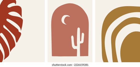 Collection of minimalistic simple modern abstract landscapes in boho style: moon and cactus, monstera leaf and geometric shapes on a colored background