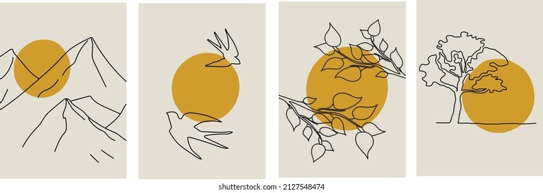 Collection of minimalistic sketches (black line) of landscapes: sun, mountains, birds, tree branches and horizon with a tree (sunset or sunrise)