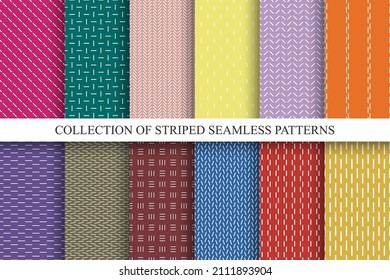 Colección de patrones minimalistas a rayas sin fisuras. Diseño colorido y luminoso. Texturas lineales interminables. Colores vibrantes y repetibles