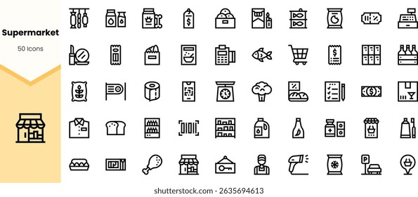 A collection of minimalistic supermarket icons showcasing various products and items in black , perfect for representing grocery shopping themes.