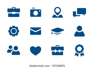 Collection of minimalistic vector business icons, flat blue design in full color, for personal branding and contact information.
