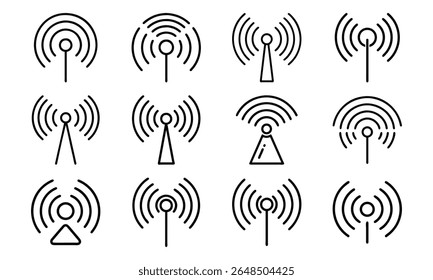 Coleção de ícones minimalistas de antenas sem fio ilustrando a comunicação em rede e a transmissão de sinais