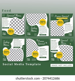 A collection of minimally editable square brochure templates. green and white background color. Suitable for social media posts and web internet advertisements related to food and beverages.
