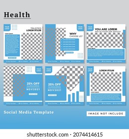 A collection of minimally editable square brochure templates. Sky blue and white background color. Suitable for social media posts and web internet advertisements related to health and technology.