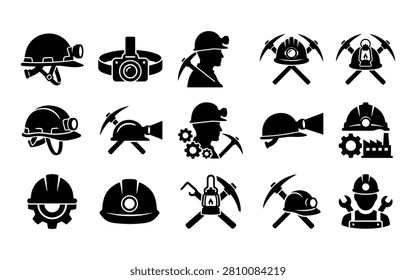 Collection of mining helmets and tools silhouette