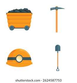 Collection of mining icons featuring a helmet, pickaxe, shovel, and coal cart