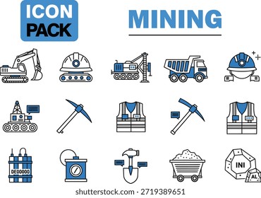 Colección de íconos de minería, incluyendo excavadoras, cascos y herramientas, presentados en un diseño de cuadrícula con un esquema de colores azul y blanco.