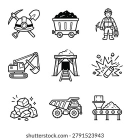Collection of mining industry icons including miner, helmet, pickaxe, cart, excavator, dynamite, coal, and conveyor belt.