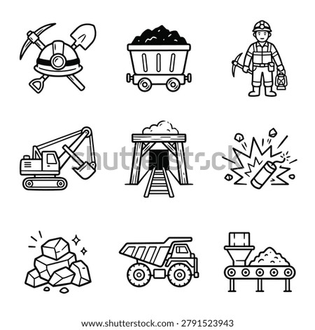 Collection of mining industry icons including miner, helmet, pickaxe, cart, excavator, dynamite, coal, and conveyor belt.