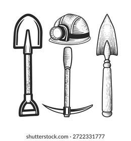 Sammlung von Bergbau-Tools einschließlich Schaufel Pickaxe Helm und Kelle in antiken Vintage Gravur Zeichnung Stil 