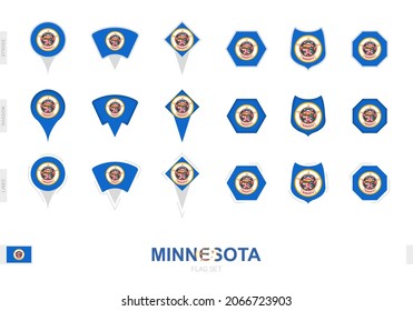 Collection of the Minnesota flag in different shapes and with three different effects. Vector flag set.