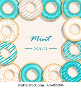 Collection of mint donuts, Vector sweet donuts isolated and background.