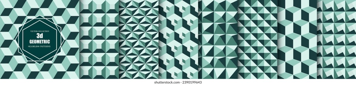 Collection of mint and green color seamless geometric patterns. Repeatable fashion backgrounds. Decorative endless 3d creative ceramic tile textures