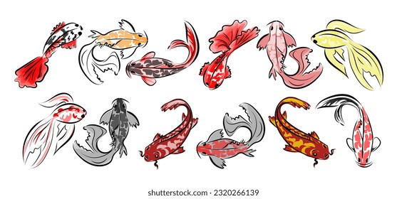 A collection of mirror carps, koi fish, goldfish, painted in the oriental style of sumi-e, wu-shin, go-hua, Japanese traditional ink painting.