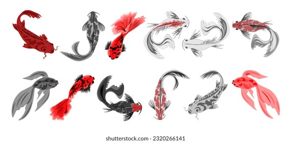 A collection of mirror carps, koi fish, goldfish, painted in the oriental style of sumi-e, wu-shin, go-hua, Japanese traditional ink painting.