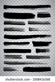 Collection of miscellaneous black grunge brush strokes over transparent background. Set of design elements. Vector illustration.