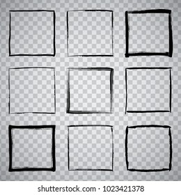 Collection of miscellaneous black grunge brush strokes square frames over transparent background. Set of design elements. Vector illustration.