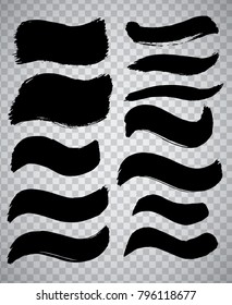 Collection of miscellaneous black grunge brush strokes over transparent background. Set of design elements. Vector illustration.