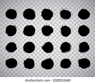 Collection of miscellaneous black grunge circle brush strokes over transparent background. Set of design elements. Vector illustration.