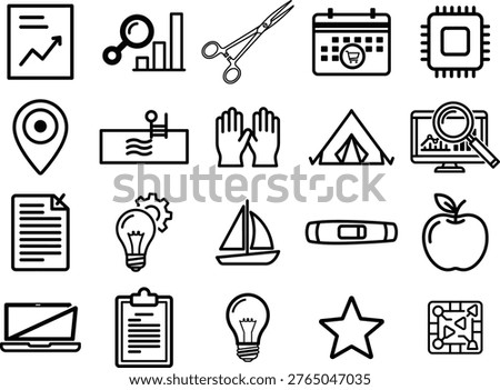 A collection of miscellaneous black and white vector icons representing various daily activities