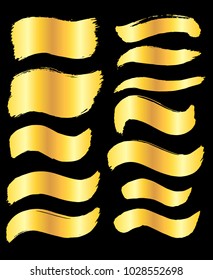 Collection of miscellaneous golden grunge brush strokes isolated over black background. Set of design elements. Vector illustration.