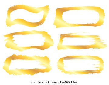 Collection of miscellaneous golden grunge brush strokes frames isolated over white background. Set of design elements. Vector illustration.