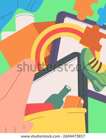 A collection of miscellaneous items being sorted for disposal, recycling, or donation