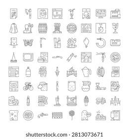 Collection of miscellaneous objects and concepts depicted as simple black and white line art icons, providing a wide array of symbols for various themes