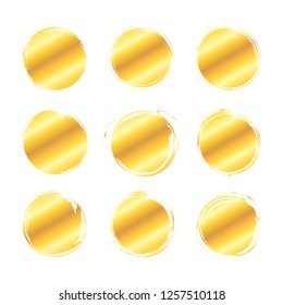 Collection of miscellaneous round golden grunge brush strokes isolated over white background. Set of design elements. Vector illustration.