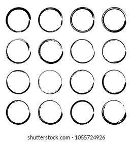 Collection Of Miscellaneous Thin Black Grunge Brush Stroke Round Frames Isolated Over White Background. Set Of Design Elements. Vector Illustration.