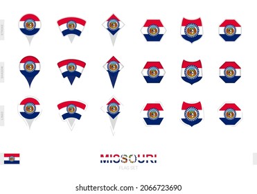 Collection of the Missouri flag in different shapes and with three different effects. Vector flag set.