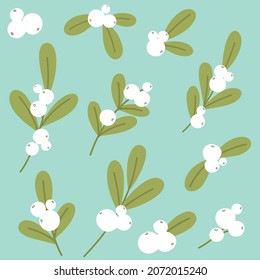 Collection of mistletoe branches and berries for printing, design, decoration. Vector isolates.